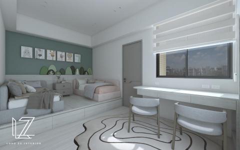 櫳澤室內空間設計 - 【 雲林 ‧ 雲品苑 】
小孩房-
屋主考量小孩年紀，暫時規劃二樓次臥空間，爾後再利用三樓規劃兩位小孩各自獨立的臥房。在空間中運用大自然色系與動物飾品，以及淺色木紋搭配跳色，整體增添生動、豐富感。另外提供閱讀空間與收納機能，讓小孩房空間能充分被利用。