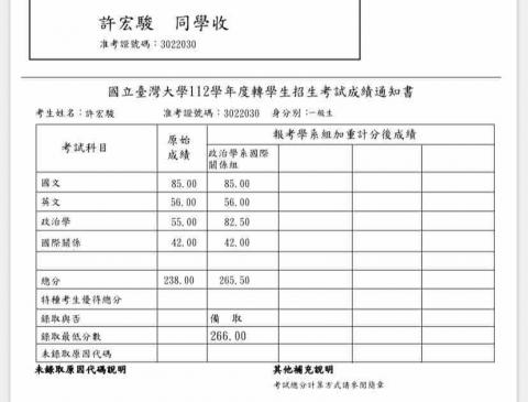 Jimmy Hsu家教 - 112台大轉學考（差0.5分啊啊啊）