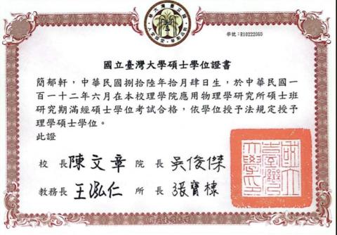 簡郁軒 - 於民國112年修習獲得台大理學院應用物理碩士