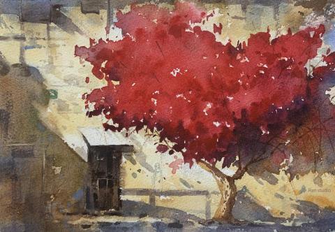 Han studio  邱柏翰 - 光感風景水彩課堂示範1，帶著學員瞭解光照到物體的顏色變化及產生的陰影