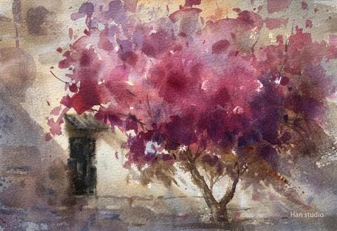 Han studio  邱柏翰 - 光感風景水彩課堂示範2，粉色系較多配色，及較柔和光線的表現