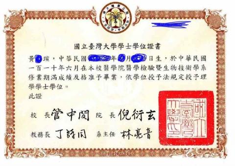 黃禹瑄 - 國立臺灣大學畢業證書