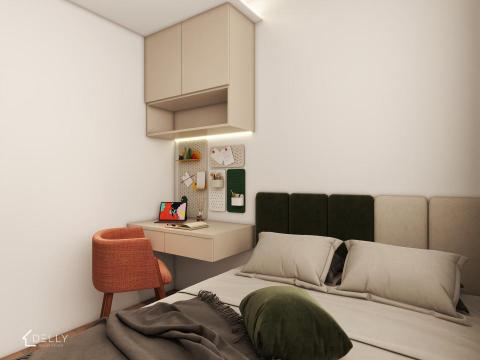 黛瓅設計 - 簡約潔淨 |

在這個小坪數臥房中，以明亮且簡約的色彩搭配，打造了一個令人心曠神怡的空間。透過選用清爽的色系，使整個空間看起來更加通透與放大。為了充分利用有限的空間，我們選擇了設計精巧的書桌與櫃子，以節省空間並提高功能性。

在窗戶的部分，摒棄了傳統的窗簾，轉而選用了輕盈的蜂槽簾，讓自然光線更加充足且柔和。此外，我們還巧妙地運用了天花板與燈的搭配，進一步分隔空間，營造出溫馨舒適且不壓迫的居住環境。