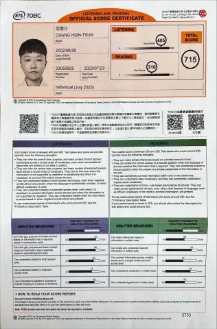 張馨存 - 英文能力證明 新制多益 （2023年考取）