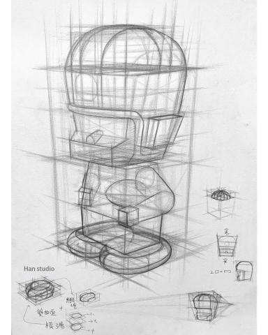 Han studio  邱柏翰 - 考牙醫學生公仔結構素描示範，練習零件化結構，學習曲面畫法