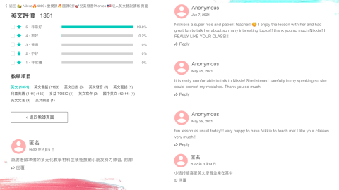 👑 Nikkie🔥4800+堂授課🇺🇸成人🌈兒美 - 學生回饋紀錄,歡迎至Nikkie老師專業教學頁面看更多超過1350則5星課程評價! 👑 Nikkie🔥4800+堂授課🇺🇸成人🌈兒美 - 學生回饋紀錄,歡迎至Nikkie老師專業教學頁面看更多超過1350則5星課程評價!