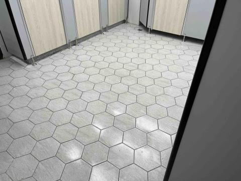 品鈦工程行 - 學校廁所重新拆後裝修，採用六角磚，熱固性塑脂板隔間