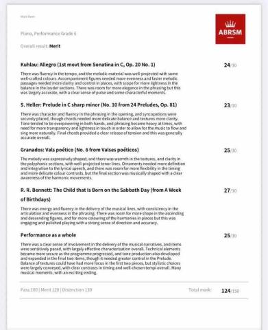 怡萱老師—鋼琴/長笛/樂理 - 國外英國皇家檢定 鋼琴第六級 成績優異