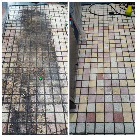 芯美清潔 - 地磚油垢清潔 左為清潔前右為清潔後