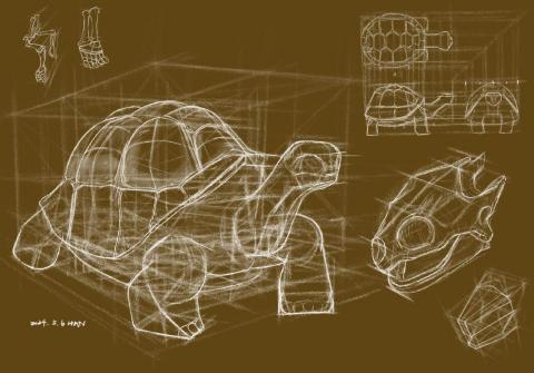 Han studio  邱柏翰 - 陸龜結構素描，運用方格子推算，如果轉換角度後，形狀可能的樣子