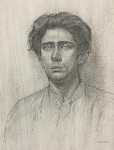 Han studio  邱柏翰 - 人像寫生，主要把時間花在做在面部結構上，減少鉛筆色調上表現，刷底色增加豐富肌理