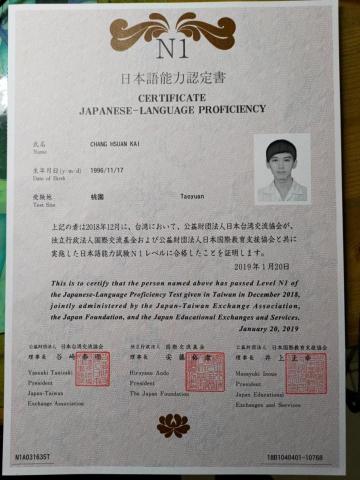 張軒愷 - N1證照