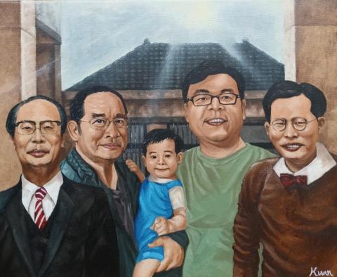 李品寬 - 27×22 cm 五代同堂人像畫
