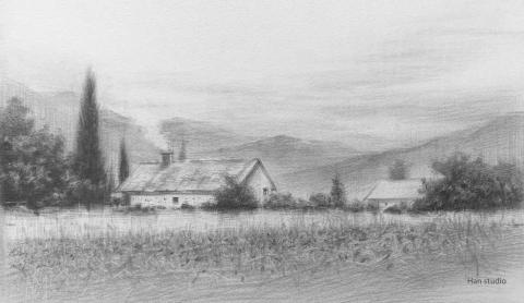 Han studio  邱柏翰 - 鄉村風景課堂示範，畫過程須注意大塊區外間彼此明暗關係