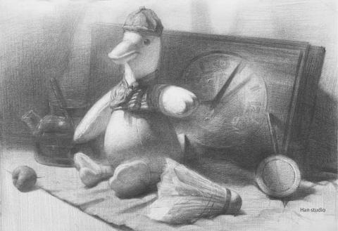 Han studio  邱柏翰 - 鴨子玩偶靜物組素描課堂示範，帶著國中同學練習術科考試題材方向