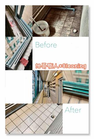 旭哥職人專業清潔 - 後陽台被工程施工污染，磁磚地面佈滿水泥跟防水漆，玻璃窗木櫃滿滿木屑粉塵，而且窗外有隱形安全鋼索，玻璃拔不下來不好清洗，花費大量精力時間最後完成淨潔，還以舒適環境?