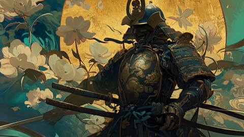 光和設計 - 由AI生成藝術模仿厚塗技法所繪製的日本武士，可以看見他胸前盔甲的鎏金質感非常精美
