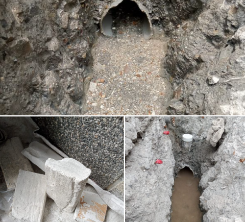 藏虎防水抓漏工程 - 大樓工地泥作廢棄物嚴重阻塞排水幹管，取出小部分樣本以藥劑及大流量周波機疏通