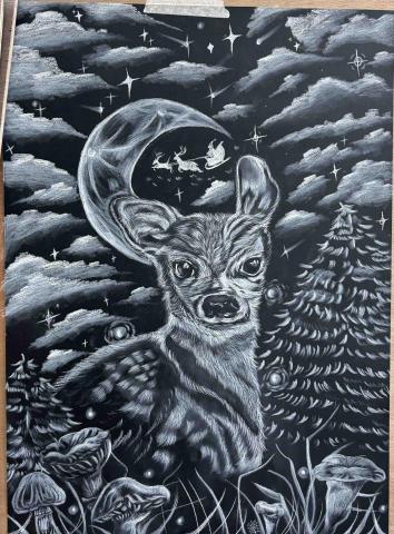 粘惟媗 兒童美術、成人興趣培養教學 - 《鹿の森》/白色炭精筆