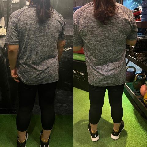 雙北自由教練Mick-柳丁 - 兩張都是自然站直的狀態，改善胸椎向左旋轉，骨盆一高一低（右腳承重，左腳卡在外璇）