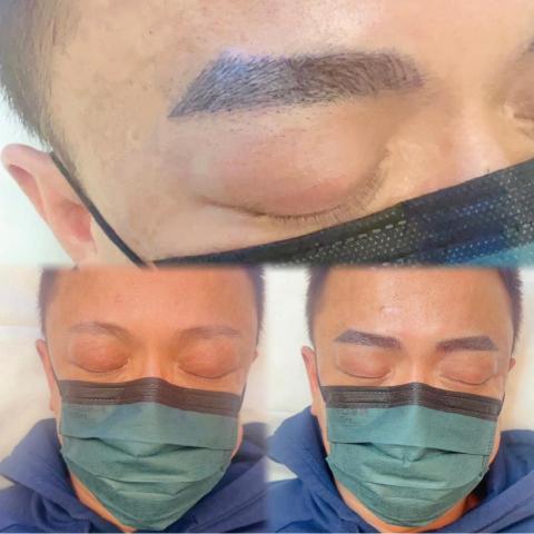 YI HSIN の舞妝美學 - 男士飄眉。利用飄眉的線條排列，成功修飾疤痕