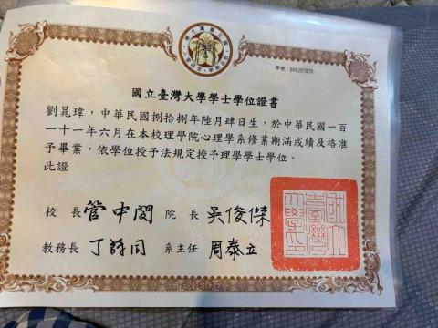 劉晁瑋 - 台大心理系畢業證書