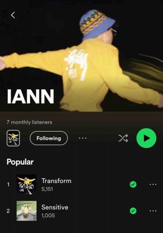 王奕恩 - 單曲《Transform》《Sensitive》Spotify串流