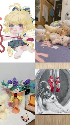 李鈺鈴 - 這是我近期的一些作品，有電繪小插圖、石塑黏土、扭扭棒做的小狗、還有素描，上面只各截取了一部分作為展示，這些是目前我會的技能的成果展示。