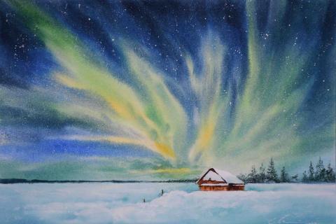 邦妮美術 - 水彩課堂示範-極光