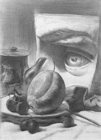 Han studio  邱柏翰 - 眼睛石膏靜物組課堂示範，學習如何規劃明暗強度，及把物件擺在適當的位置