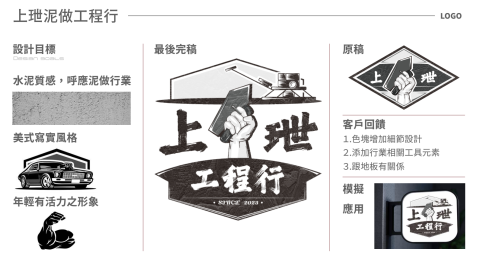 陳品璇 - 工程行logo設計
結合工程所需工具與想要的美式粗獷感，透過筆觸與色塊搭配，讓整體logo可快速抓到重點。