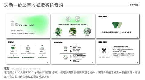 陳品璇 - 簡報設計
透過圖像化的方式將艱澀難懂的雙向串聯回收系統，整理成簡單明瞭的內容，協助簡報人的時間掌控與重點安排