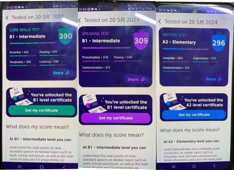 張顏宇 - BESTEP 網路測驗分數 