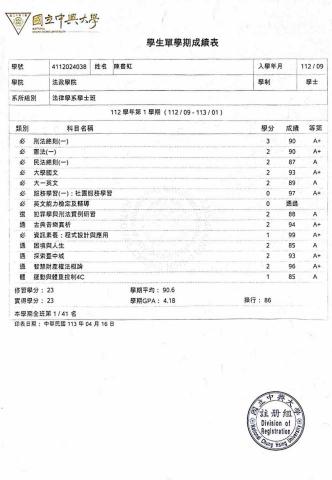 陳書虹 - 112學年度第1學期成績單