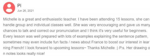Michelle - 香港學生評價，零基礎因興趣而開始學習法文。