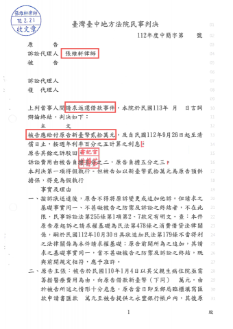 張維軒律師 - 請求返還借款-獲勝訴:被告向原告借款,卻遲遲以各種理由不願歸還,於原告委任張維軒律師出庭提出證據及言詞攻防下,原告終獲勝訴判決,得以向被告取回借款及遲延返還的利息。 張維軒律師 - 請求返還借款-獲勝訴:被告向原告借款,卻遲遲以各種理由不願歸還,於原告委任張維軒律師出庭提出證據及言詞攻防下,原告終獲勝訴判決,得以向被告取回借款及遲延返還的利息。