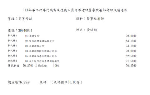 黃楠翔 - 放射師考試成績