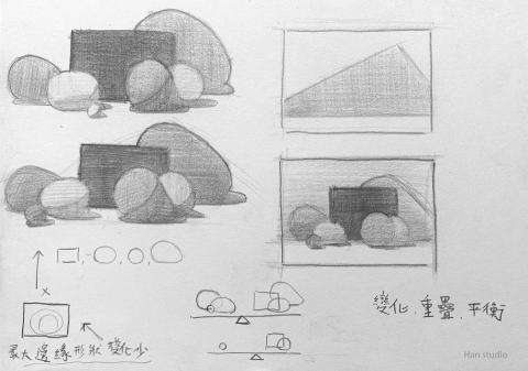 Han studio  邱柏翰 - 靜物組構圖配置分析，如果你在畫圖時常不知道如何安排形狀跟變化歡迎洽詢素描課程。
我們課堂上會帶著你深入理解畫圖的方法