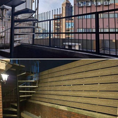 塑木專家-Kai - 塑木圍籬工程
增加隱蔽性且在戶外也不怕風吹日曬雨淋
採用不銹鋼管做骨架
塑木面板美化 色號: GY26
