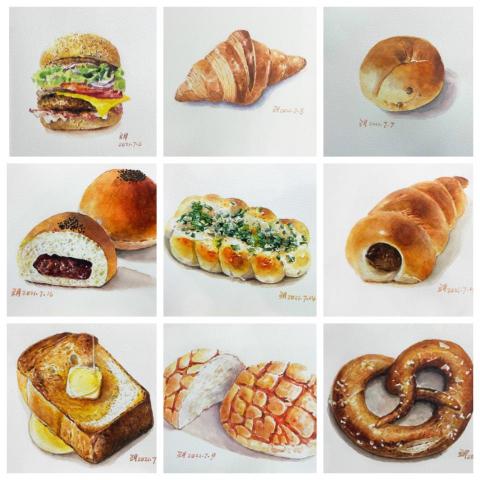 顏玥琪 - 麵包系列16k水彩作品