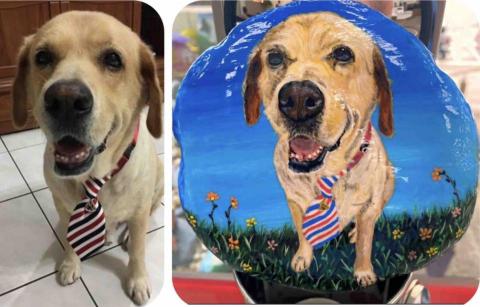 畫布、石頭彩繪(寵物、人物肖像似顏繪) - 視客戶需求，由我提供各種尺寸的石材，大小通常為成人男性手掌張開大，並附贈支撐底座，紀念、收藏、送禮或放置室外均不易退色，具防水、防塵。此顆售價$1,500元。