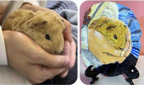 畫布、石頭彩繪(寵物、人物肖像似顏繪) - 飼主要求整張照片及寵物鼠彩繪至石材上，極具收藏紀念價值，此幅售價$1,500元。