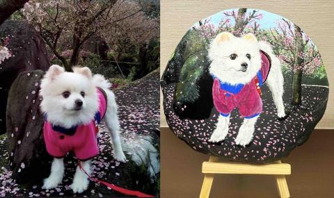 畫布、石頭彩繪(寵物、人物肖像似顏繪) - 此幅為飼主要求希望與原圖背景一致，極具紀念與回憶，具防水防塵，不易退色。此顆售價$1,500元。
