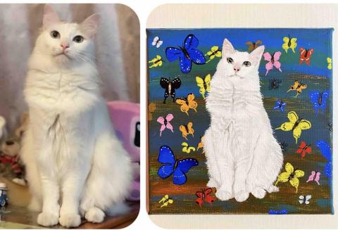 畫布、石頭彩繪(寵物、人物肖像似顏繪) - 提供客戶所需各種尺寸無框油畫布，可家中擺掛，具紀念、收藏、送禮，此幅為1號無框油畫布，尺寸22x15cm,售價$1,500元。