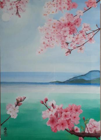 吳瑪琦 - 一半想像加上一半實景（我家窗外的山景），這是客戶訂製，針對櫻花的作品，每一筆都溶入我的專注，是世界上僅有的唯一