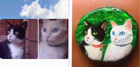 畫布、石頭彩繪(寵物、人物肖像似顏繪) - 提供客戶各種尺寸石材的需求，大小約為成人男性手掌張開大，附贈支撐底座，紀念、收藏、送禮或放置室外不易退色，此幅價格訂$1100元。(一個畫面加一隻寵物需加價$300)