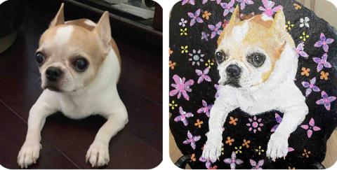 畫布、石頭彩繪(寵物、人物肖像似顏繪) - 提供客戶所需各種尺寸的石材，大小通常為成人男性手掌張開大，並附贈支撐底座，紀念、收藏、送禮或放置室外均不易退色，具防水、防塵。