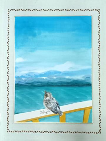 吳瑪琦 - 偶爾在淡水捷運總站，看見一隻縮在牆角的麻雀，當時我看牠面壁不敢動彈，有了想幫牠脫困的想法，我用畫筆幫牠換了場景，讓牠恢復自由