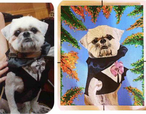畫布、石頭彩繪(寵物、人物肖像似顏繪) - 彩繪由賣家提供各種買家需求尺寸油畫布，紀念、收藏、送禮，適合室內擺掛(此幅為8號油畫布，尺寸為45x33cm)，售價$2,500元。