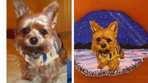 畫布、石頭彩繪(寵物、人物肖像似顏繪) - 左圖為客戶來圖照片，右圖為手繪成品，極具紀念收藏價值。(定價$1,500)